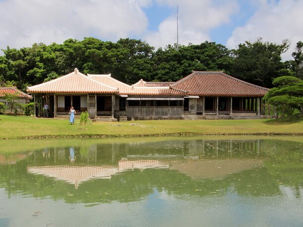 pond with building